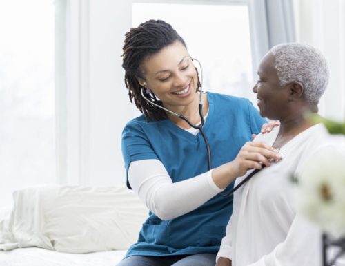 Female nurse checks patient's vital signs Young African American home healthcare nurse checks a senior female patient's vital signs. The senior woman is recovering at home from a recent surgery.